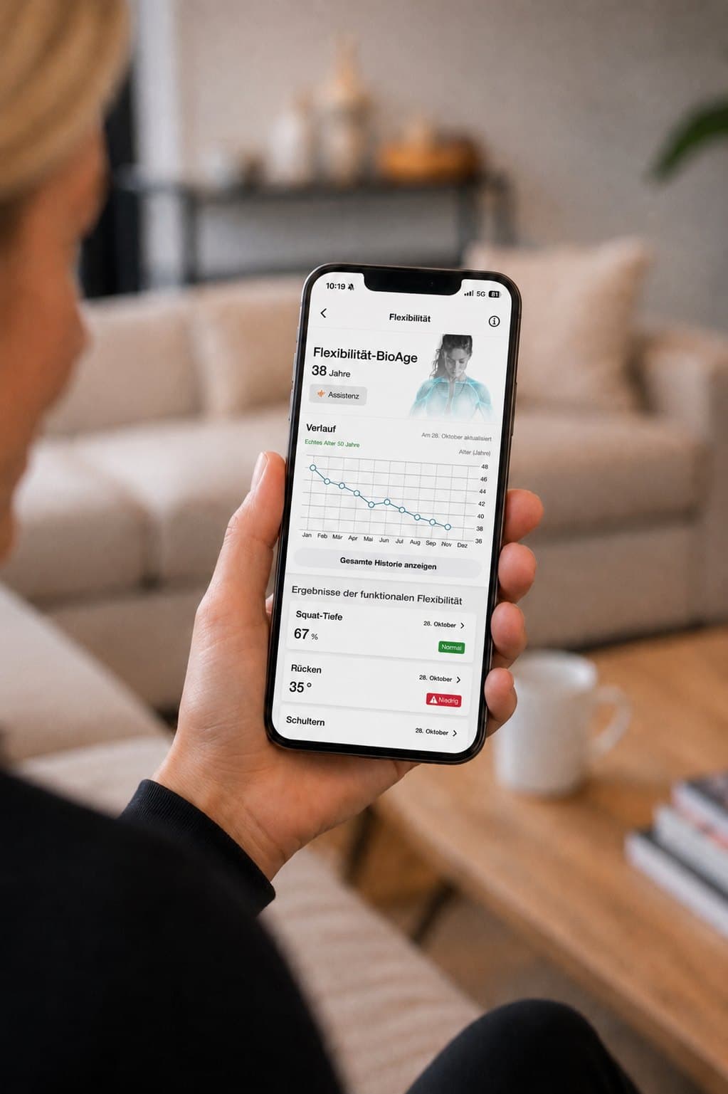 App-Ansicht mit dem Flexibilität-BioAge, Squat-Tiefe, Rücken und Schultern