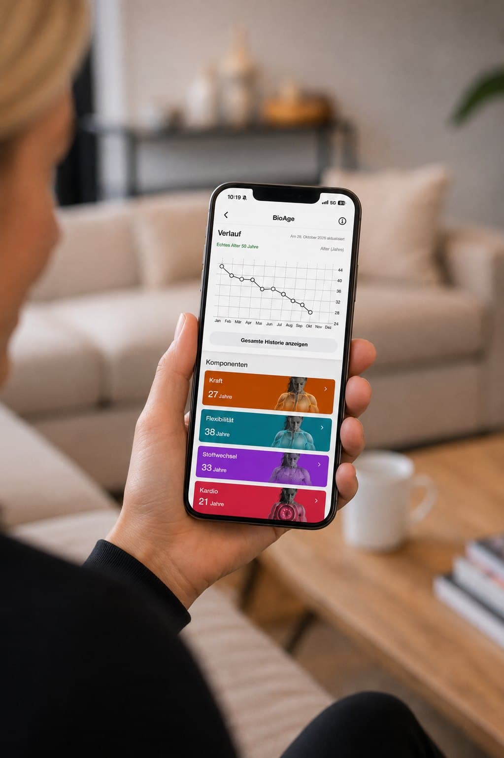 App-Ansicht mit dem BioAge-Verlauf und den Komponenten Kraft, Flexibilität, Stoffwechsel und Kardio