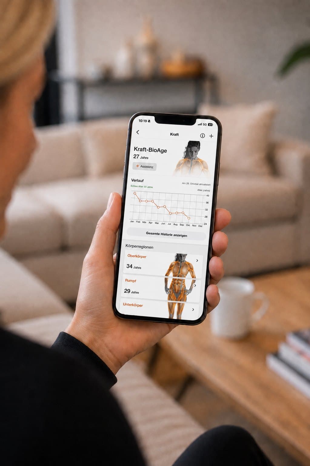 App-Ansicht mit dem Kraft-BioAge und den Werten für Oberkörper, Rumpf und Unterkörper