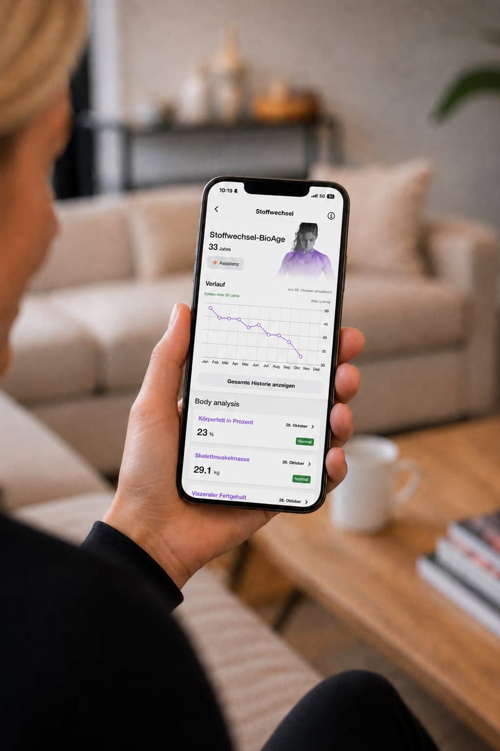App-Ansicht mit dem Stoffwechsel-BioAge, Körperfettanteil und Skelettmuskelmasse