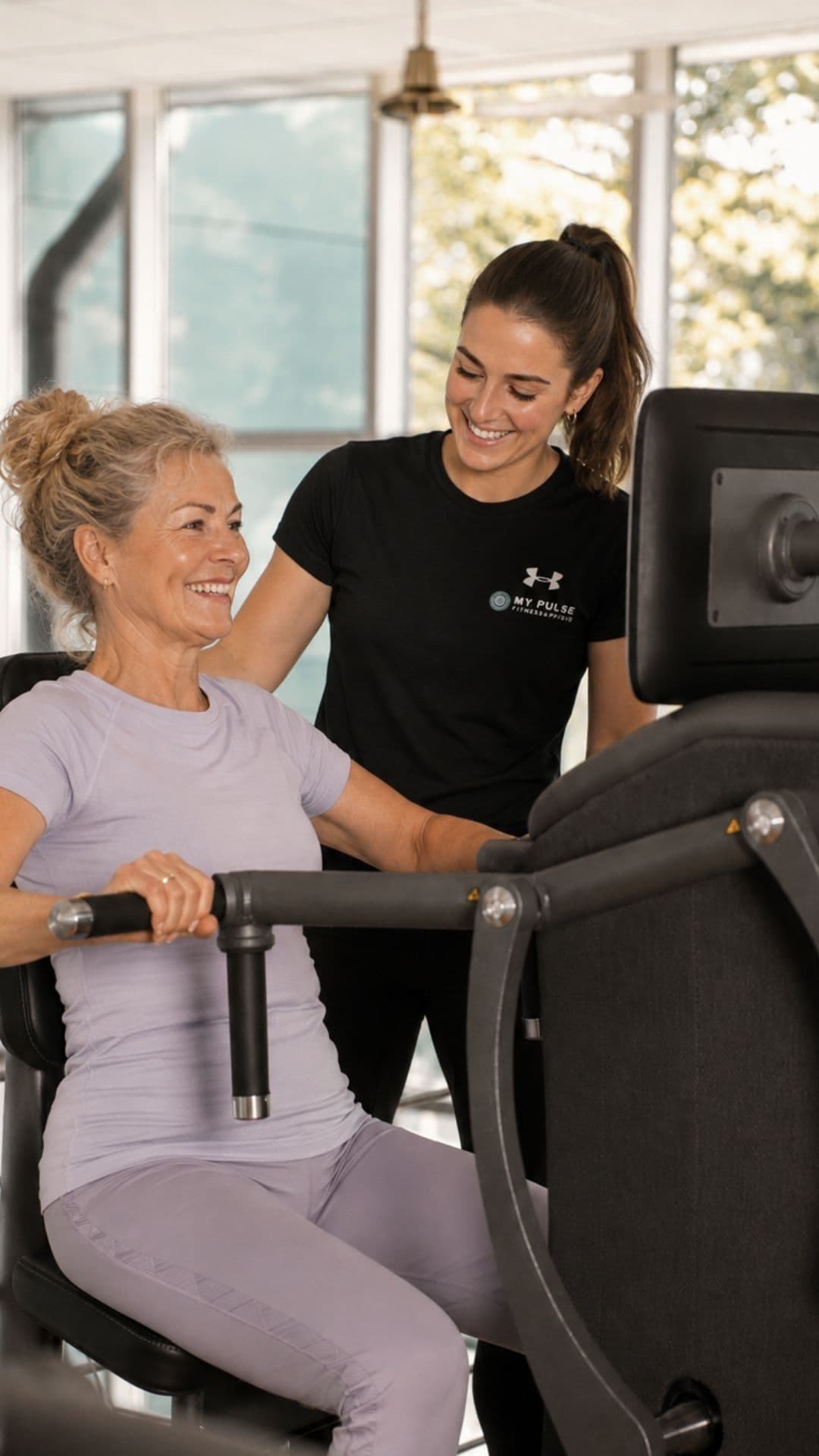 Mitglied trainiert an einem EGYM-Gerät, ein Trainer steht daneben